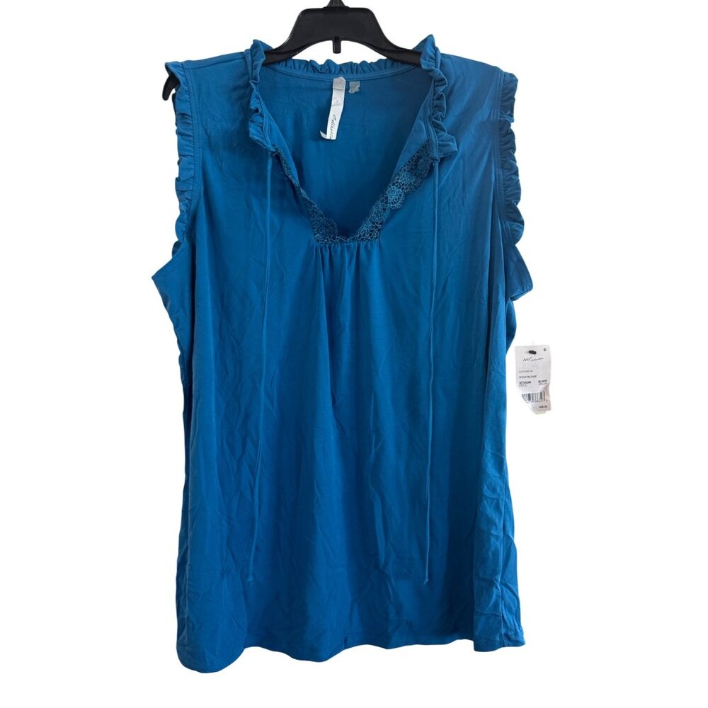 NV Collection Sleeveless Women Large Cotton Blue Ruffle V-Neck Blouse Casual Top